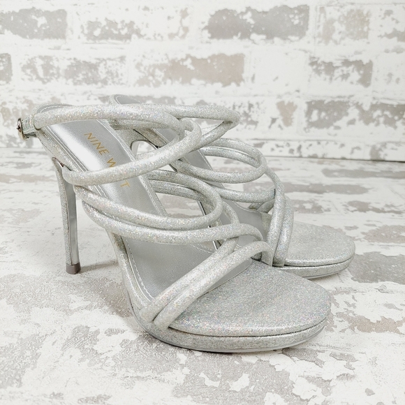 New Nine West Loomay Silver Strappy 4" Open Toe Stiletto V764 - Picture 4 of 9